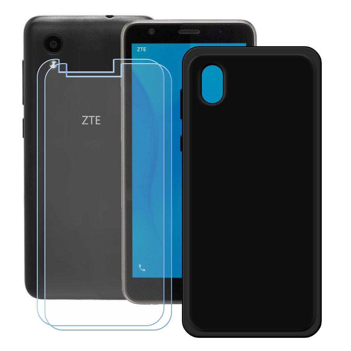 FZZ Case for ZTE Blade A3 L + 2 Pack Tempered Glass Screen Protector Protective Film,Slim Black Soft Gel TPU Silicone Protection Phone Case Cover for ZTE Blade A3 L (5.0")