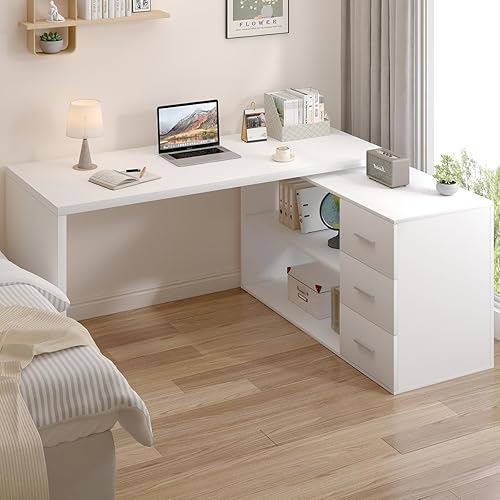 Miniatura 3 de HSH Escritorio blanco en forma de L con estantes de cajones, escritorio de esquina para oficina en casa en forma de L con armario de almacenamiento,