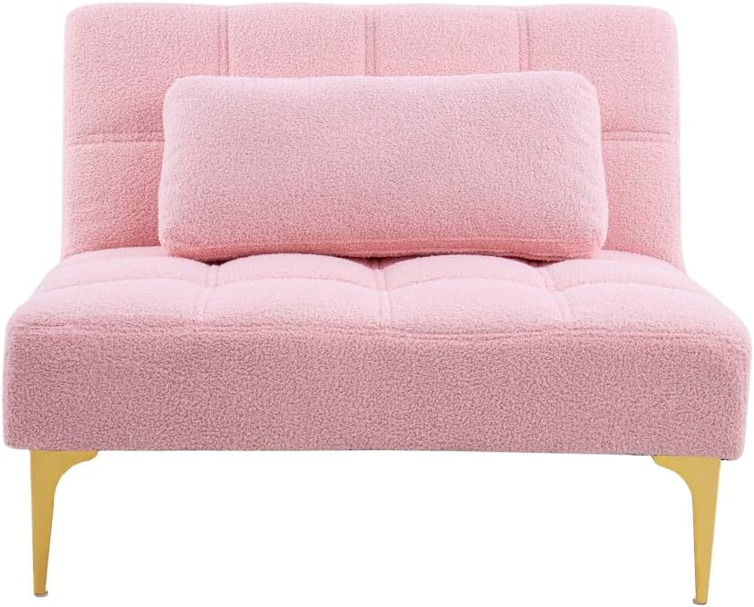 Convertible Single Sofa Bed Futon with Gold Metal Legs - Pink Teddy Fabric