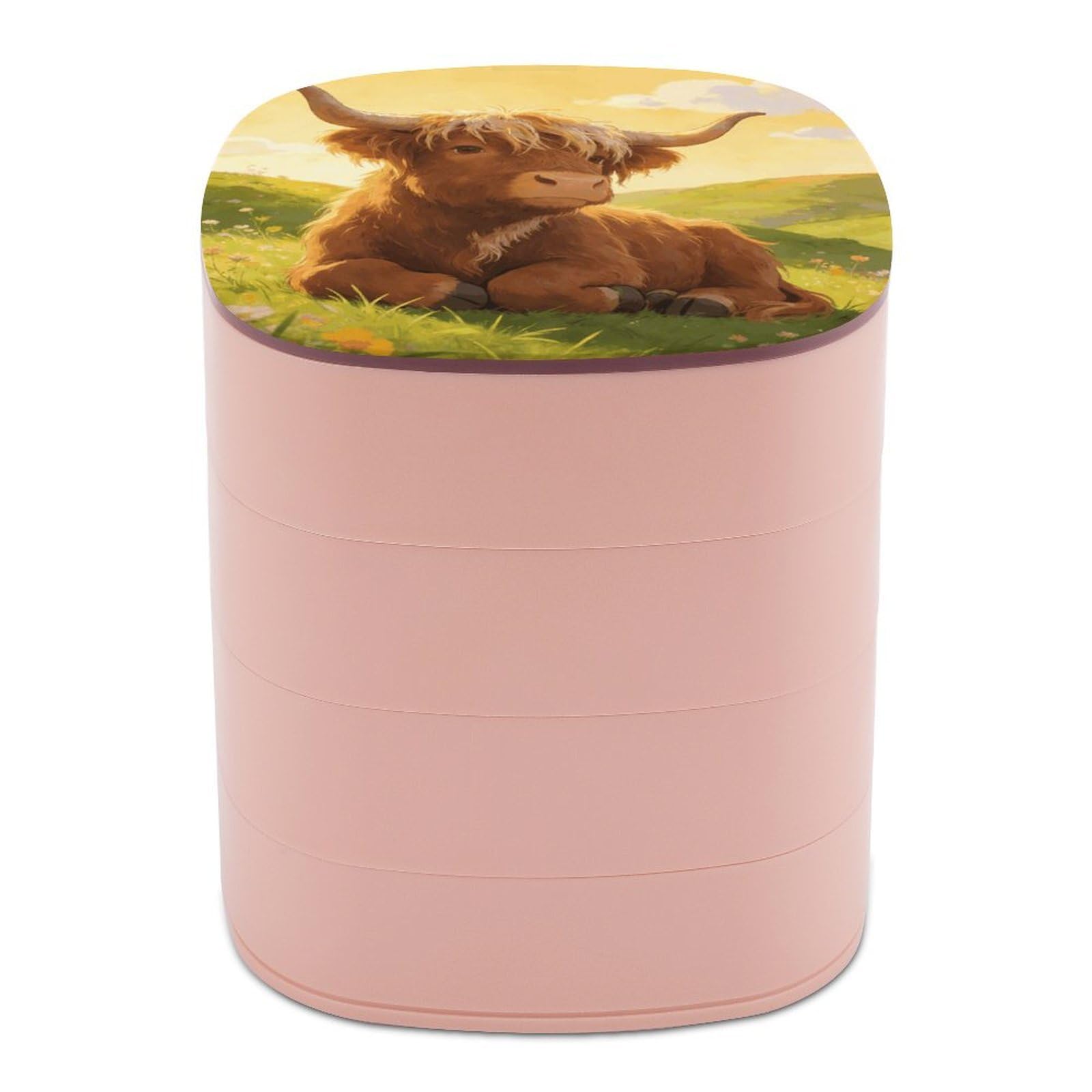 LZQPOEAS Highland Cow Chillin Jewelry Box Women Jewelry Organizer Travel Jewelry Case Cute Necklace Ring Storage Organizer 4-Layer Rotating Jewelry Tray Case with Mirror for Bracelets