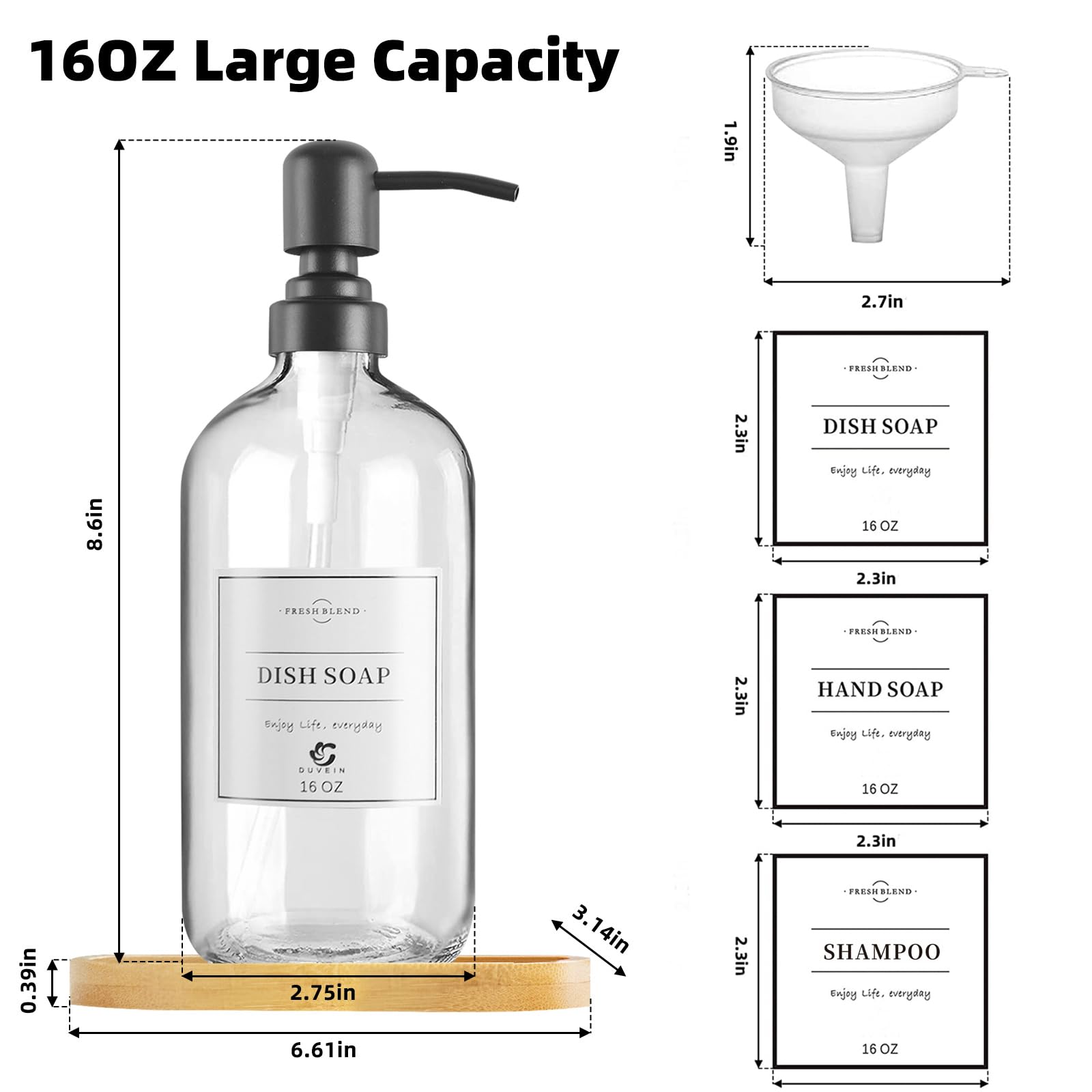 Duvein 2 Pack Clear Glass Soap Dispenser Refillable Bottles with Bamboo Tray for Kitchen Bathroom Soap Hand Soap Lotion Conditioner Body Wash Shampoo Waterproof Labels-Clear Bottles+ Black Pumps