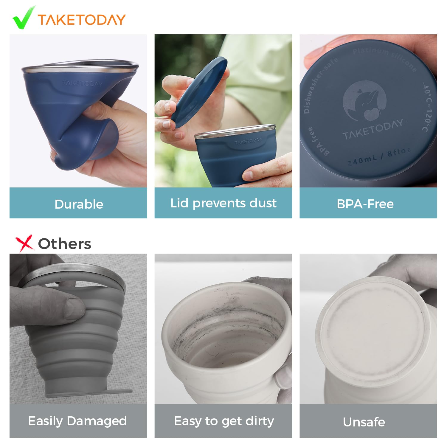 TakeToday Vaso plegable de 8 onzas, plegable con tapa para viajes, azul