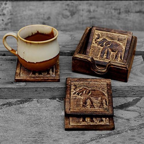 Store Indya Drink Coaster Set of 4 Handcrafted for Tea Coffee Beer Glass Dining Elephant Design Tabletop Home Decor Kitchen Accessories