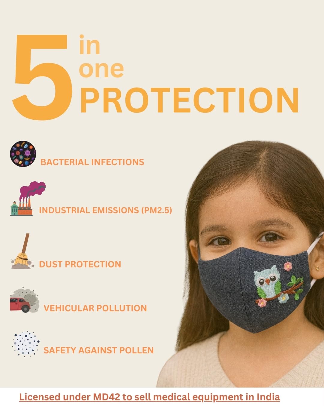 MASQ By Q-One Panda 4 Layer Washable, Reusable, Size Adjustable, Anti-Bacterial (BFE>99%) Embroidered Cotton Cloth Face Mask Combo for Unisex each with Lanyard, Ear Loops (Multicolor, Without Valve) 1