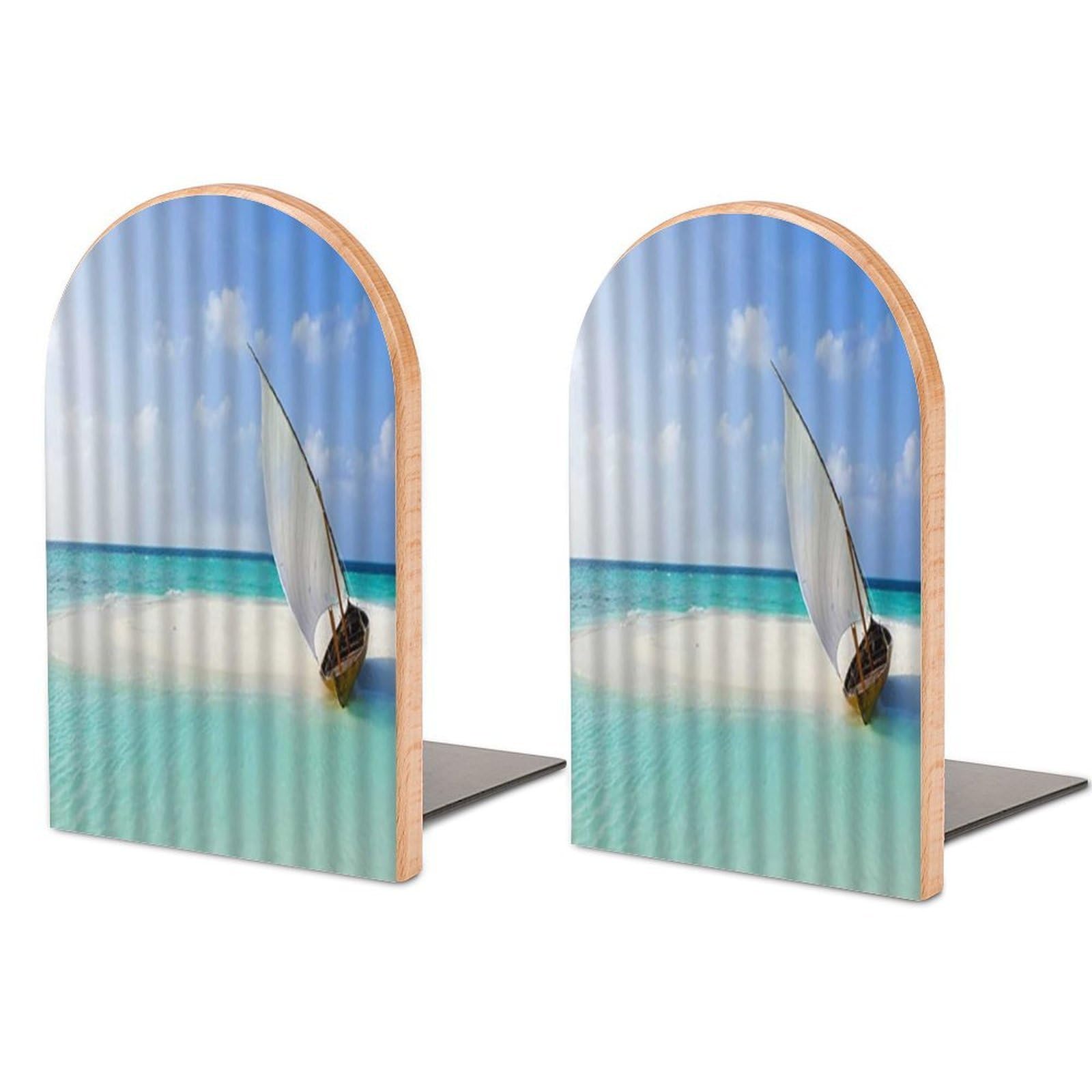 Shoal Stranded Sailboat Marine Nature Scenery Beech Wood Bookends Heavy Duty Book Organizers Desktop File Holder for Office Home Bookshelf