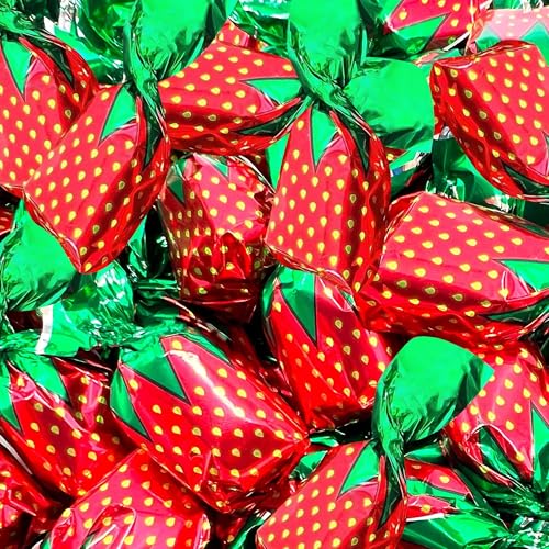 Strawberry Filled Hard Candy Sweet Delights Wrapped in Red Foils - 2 lbs of Individually Wrapped Strawberry Hard Candy with Soft Center for Party Favors and on the go Indulgement, 2lb Bulk