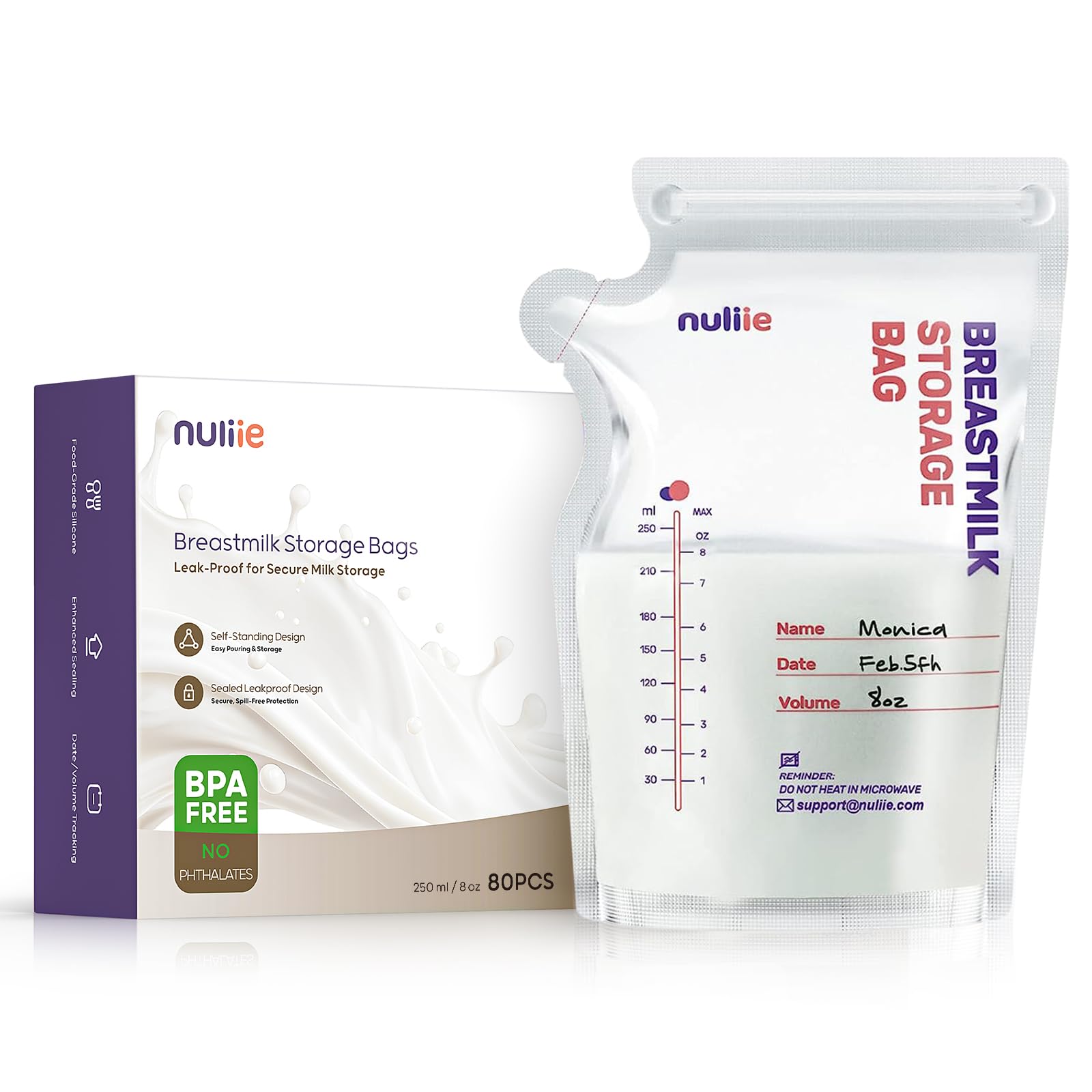 Nuliie Muttermilchbeutel, 250ml BPA-frei Muttermilch Aufbewahrung bag, Milchbeutel für Muttermilch mit Ausgießer für das Stillen, Selbststehender, Kann Eingefroren Werden, Platzsparendes