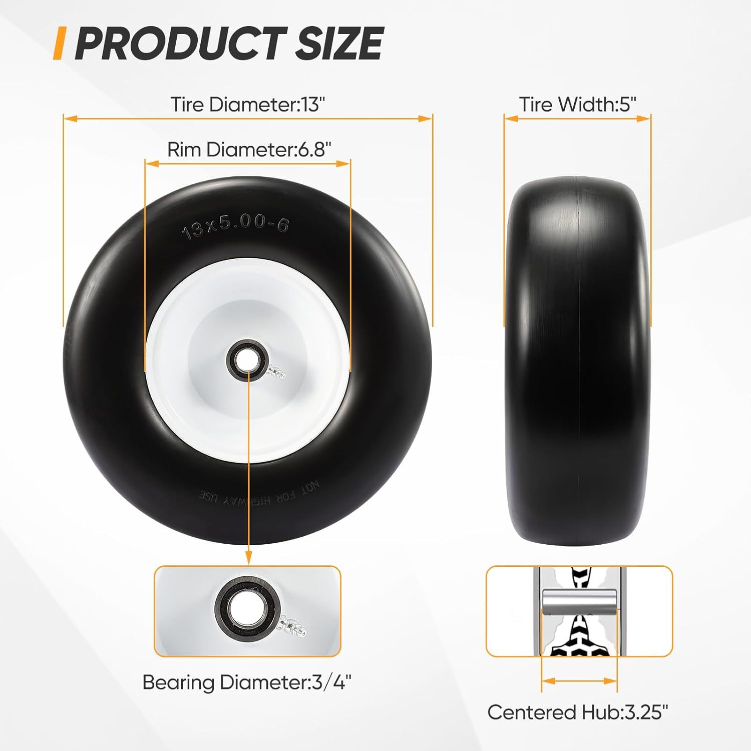 13x5.00-6 Flat Free Lawn Mower Tire, Zero Turn Mower Front Tires, 13x5x6 Solid Mower Wheel for Residential and Commercial, with 1/2" 3/4" 5/8" Precision Bearings, 3.25"-6.85" Centered Hub, 2 Pack