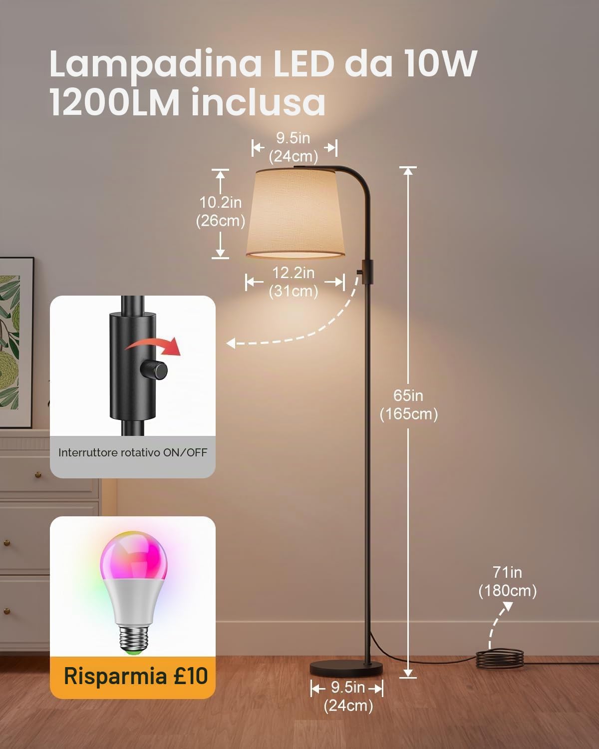 DUSKTEC Lampada da Terra Smart RGB - Lampada ad Arco LED Dimmerabile 10W 1200LM per Soggiorno e Camera da Letto, Luce da Lettura Moderna, Controllo App e Compatibile con Alexa e Google Home