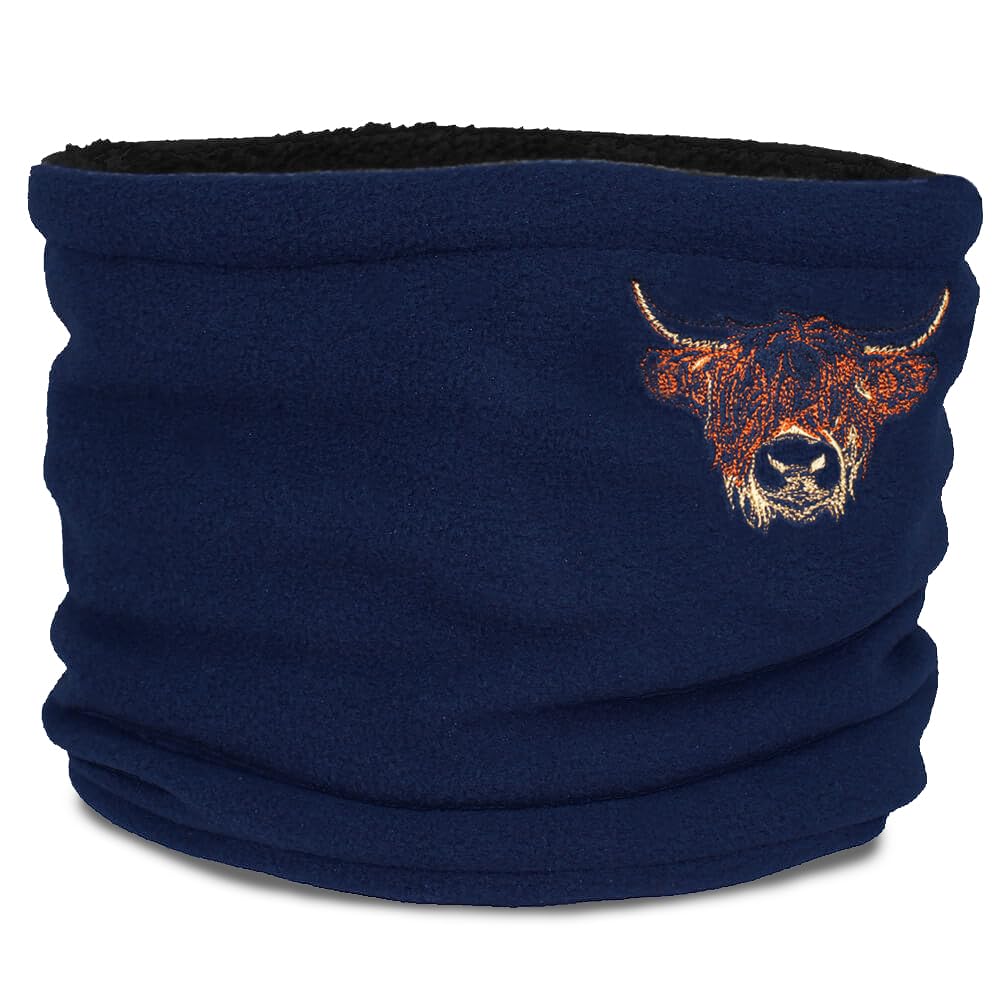 Teddyt's Men's Navy Blue & Wo Embroidered Highland Cow Sketch Fleece Snood Scarf (Navy Blue)