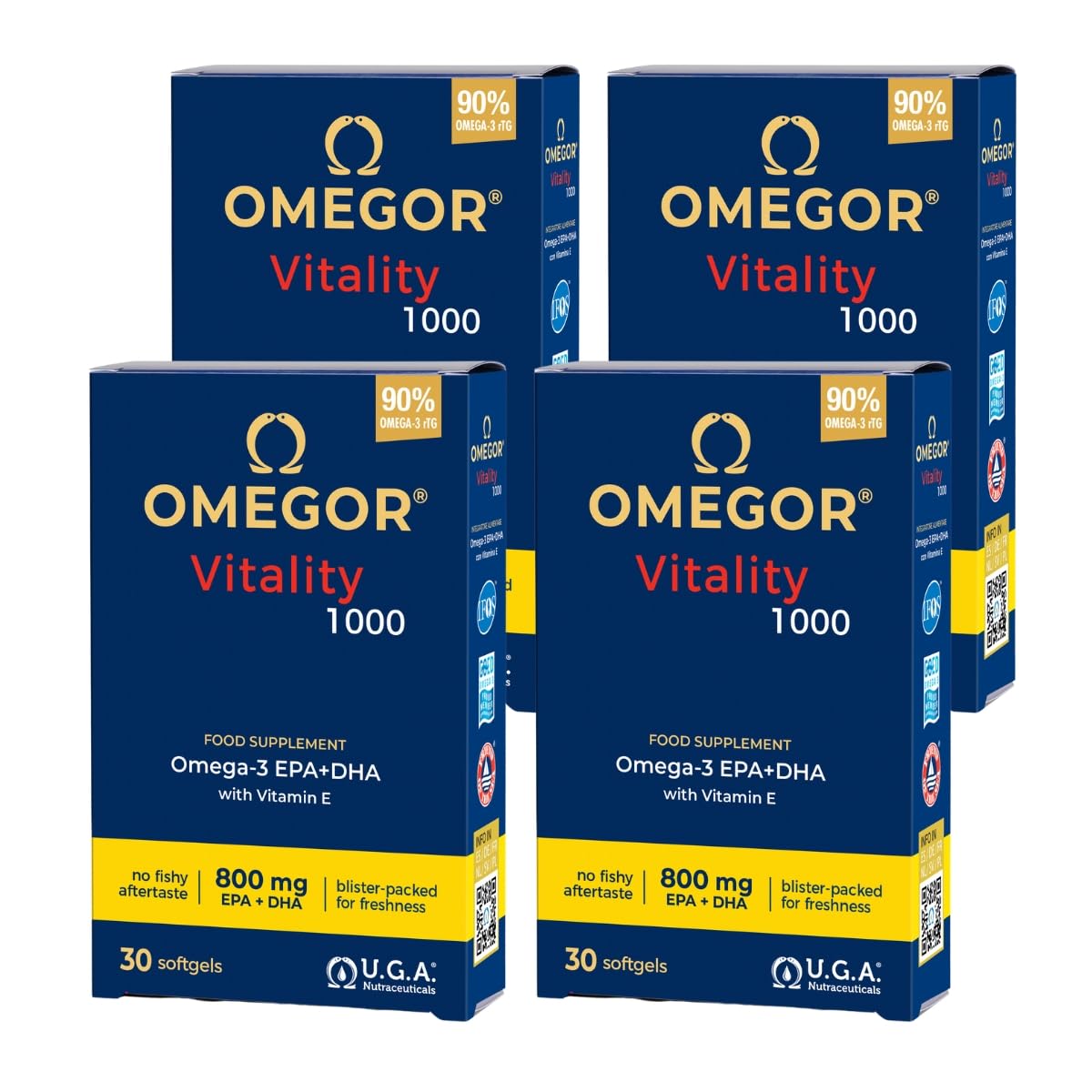 Omegor Vitality 1000 – Nahrungsergänzungsmittel mit 90% Omega 3 in Triglyceridform – Vitamin E – Für die Gesundheit von Herz, Sehvermögen und Gehirn – IFOS-zertifiziert – 30 x 4 Kapseln