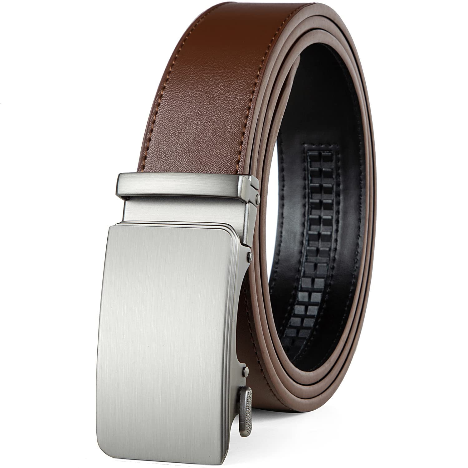 Drowsmen Leather ratchet belt 1 3/8" with Click Sliding Automatic Buckle, Adjustable belt Trim to Fit