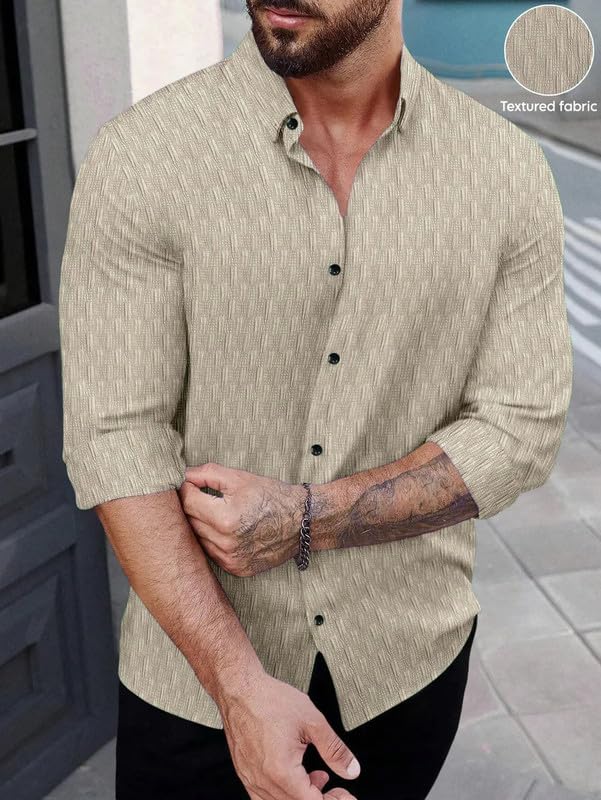 Image of DEELMO Men's Regular Fit Button Down Dress Shirts Textured Long Sleeve Casual Hawaiian Shirt (in, Alpha, XL, Regular, CHIKU-New)