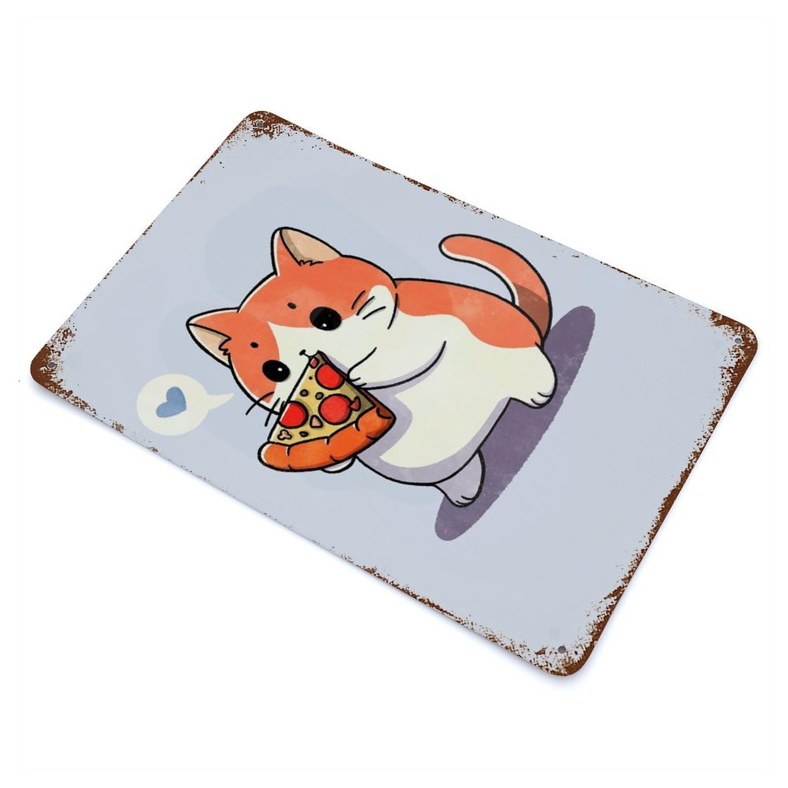 Rust Effect Pizza Loving Cat Weathered Tin Sign 11.8"x7.9", Retro Wall Decor for Garage, Bar And Workshop Decor