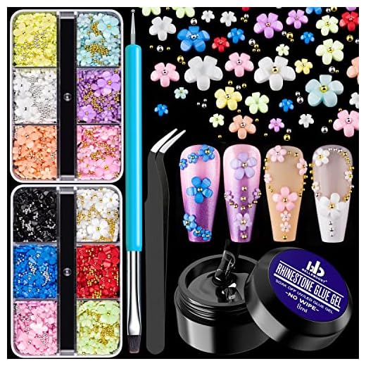 3D Flowers for Nails Art Colorful Charms Set #5 with Caviar Beads, Blossom Rhinestones Crystal Kit Pearls Acrylic Studs DIY Design Manicure Accessories for Women Girls Decoration