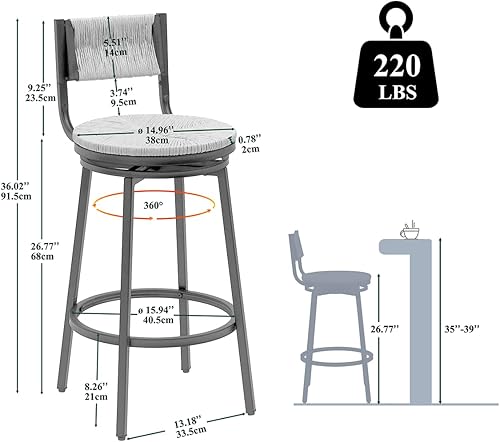Miniatura 10 de Taburetes de bar de altura de mostrador, taburetes de barra de 25 pulgadas, taburetes de bar tejidos de jacinto de agua, juego de 2, silla de isla