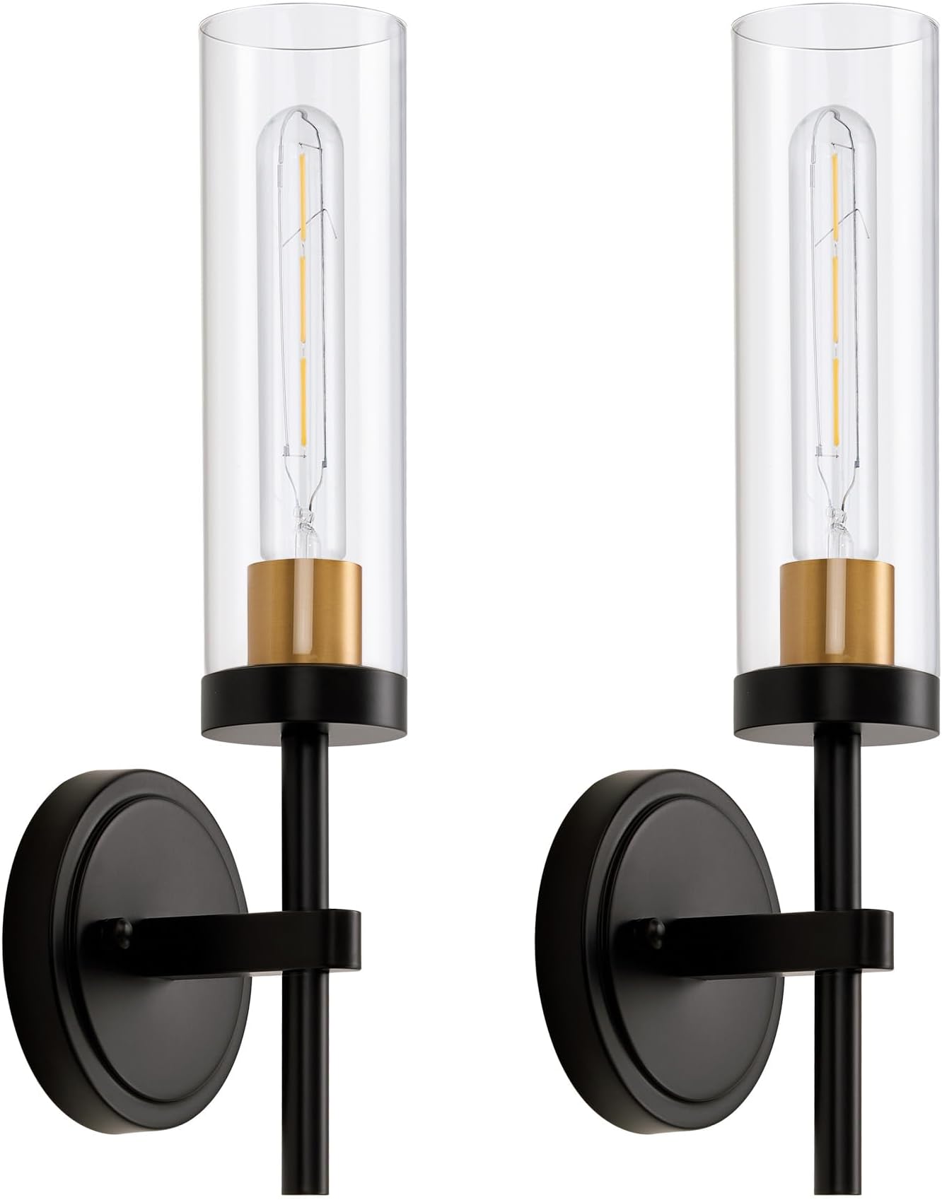 Black Gold Wired Wall Sconces Set of 2, Modern Bathroom Vanity Sconces with Clear Glass Shade, Wall Mount Lights for Mirror, Bedroom, Living Room,