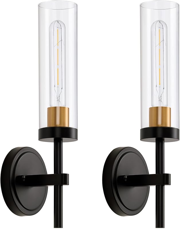 Hardwired Wall Sconces Set of Two, Bathroom Vanity Sconces Wall Lighting with Clear Glass Shade, Black and Gold Modern Farmhouse Wall Mount Lights for Mirror Bedroom Living Room Hallway Entryway