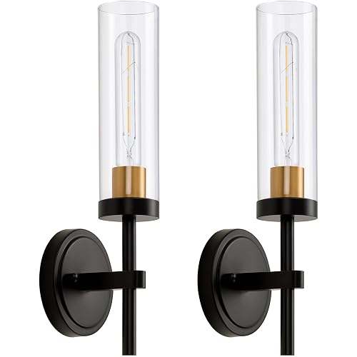 Hardwired Wall Sconces Set of Two, Bathroom Vanity Sconces Wall Lighting with Clear Glass Shade, Black and Gold Modern Farmhouse Wall Mount Lights for Mirror Bedroom Living Room Hallway Entryway
