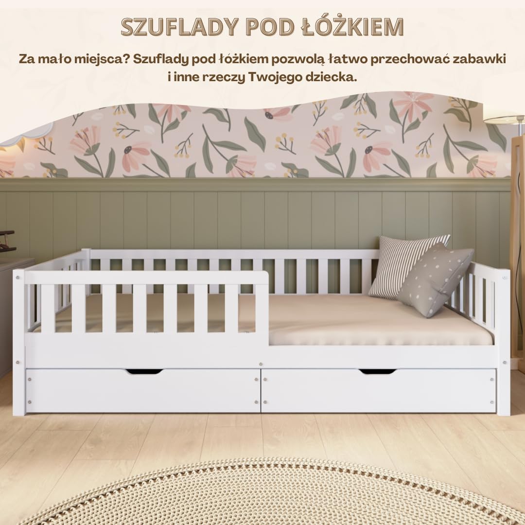 Łóżko dziecięce z szufladami Crazy Basic 200 x 120 cm - Montessori białe łóżko z zabezpieczeniem przed wypadnięciem - Bezpieczne dla najmłodszych - Łatwy montaż