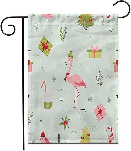Adowyee 12"x 18" Garden Flag Christmas and New Year Pattern with Holiday Flamingo Bird Tree Gift Boxes Coffee Outdoor Double Sided Decorative House
