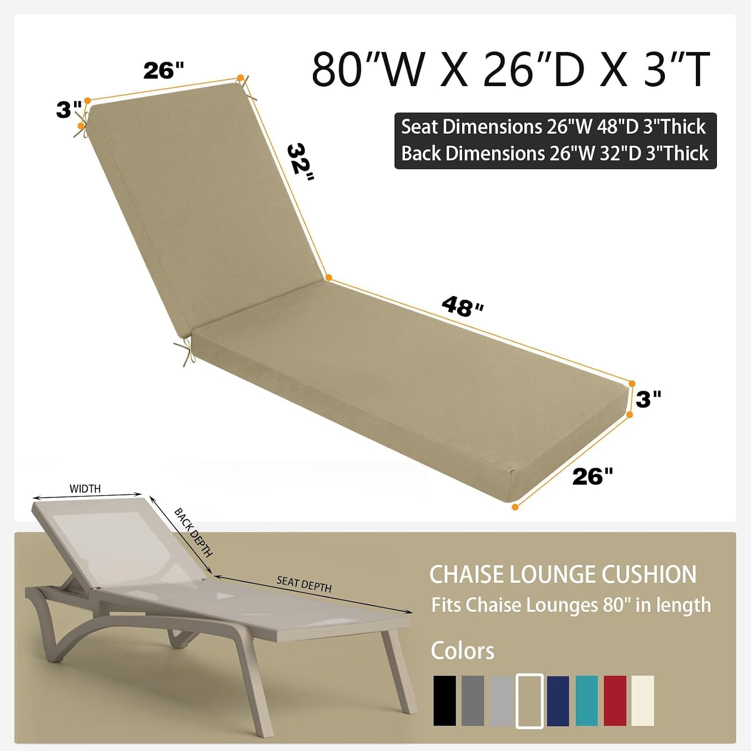 idee-home Outdoor Chaise Lounge Cushions, Lounge Chair Cushions for Patio Furniture Weather and Stain Resistant for Lawn Pool 80in.L x 26in.W x 3in.D Antique Beige