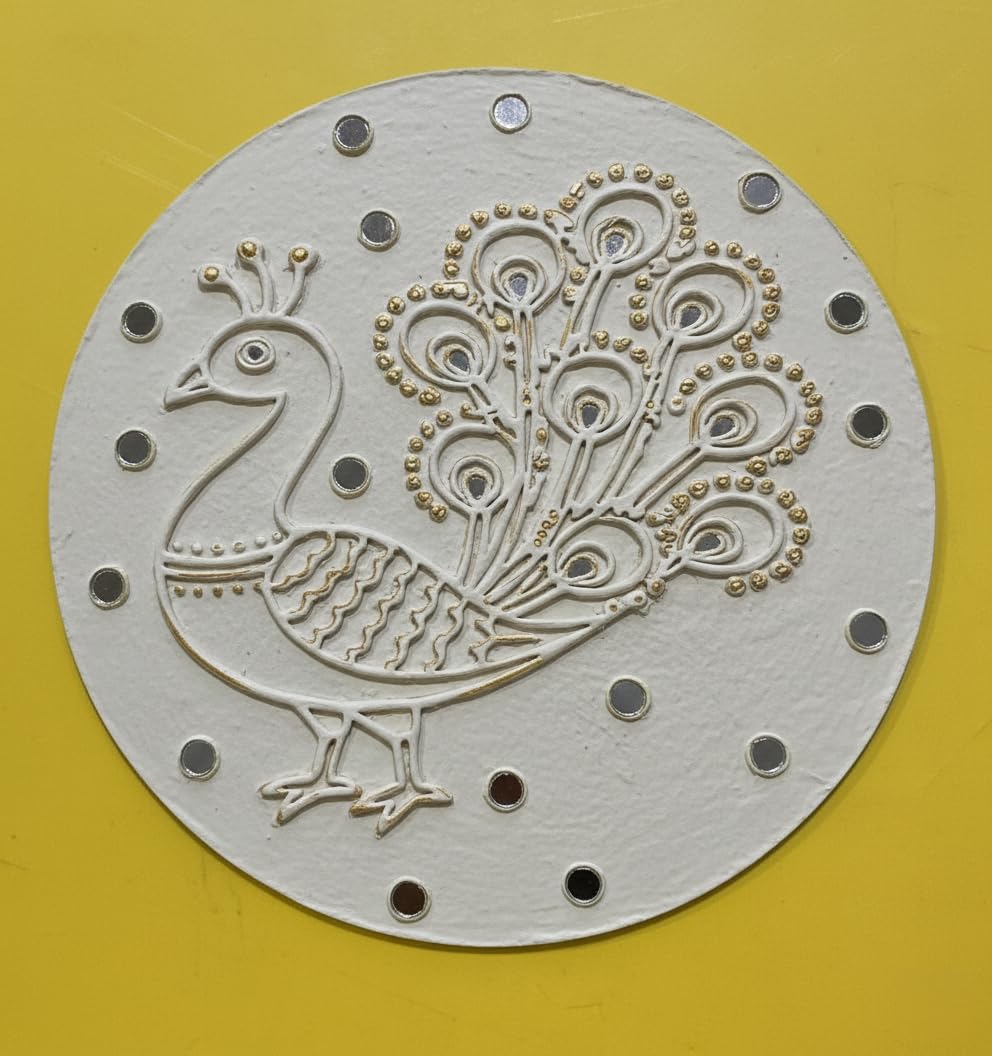 ARTIVE DECOR Handcrafted Peacock Lippan Art Wall Decor Kit - 4x4 Inch Round Mud and Mirror Work Shubh Labh/Mandir Decoration - Traditional Gujarati Wall Hanging for Home, Living Room & Gifting (2, 4 INCHES)-image-28