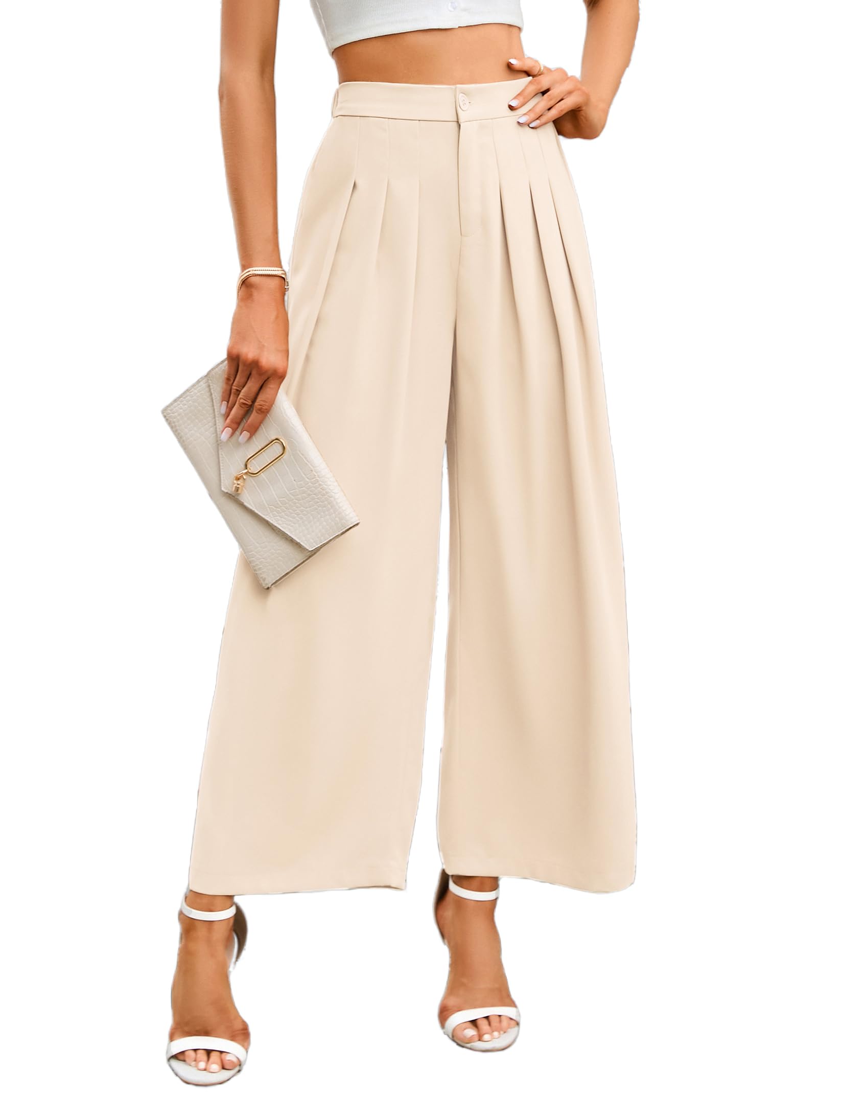 KOJOOIN Wide Leg High Waisted Pants for Women Elastic Waisted Pleated Loose Flowy Trousers Business Casual Palazzo Pants