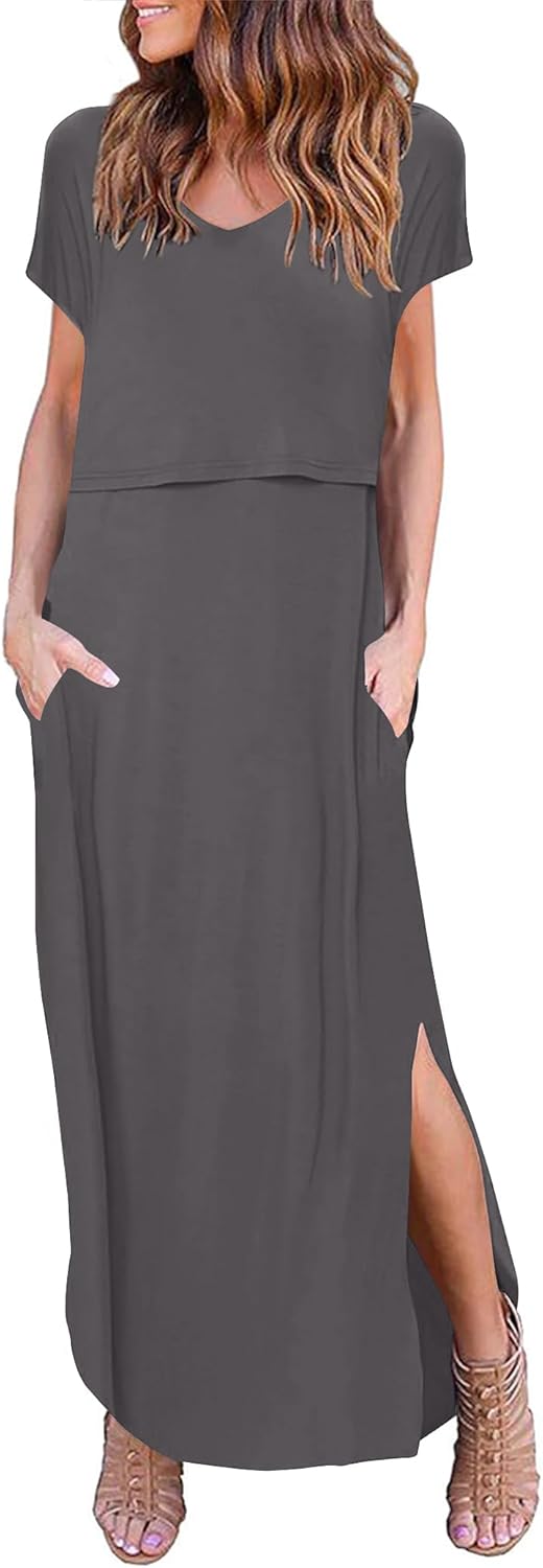 Ekouaer Women's Nursing Dress Summer V Neck Short Sleeve Maternity Split Long Dresses for Breastfeeding with Pockets S-XXL