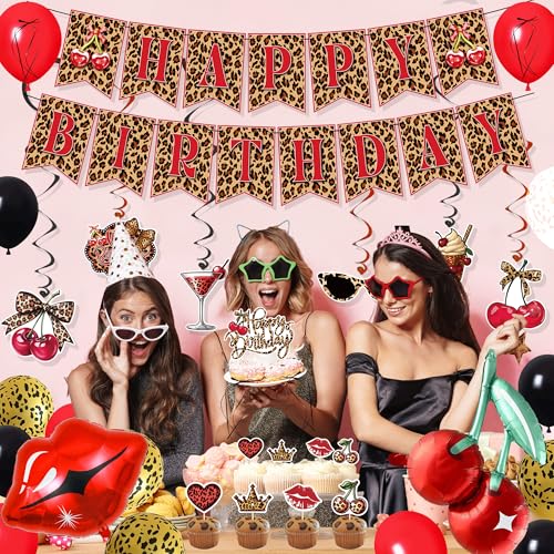 Image of Holkcog Cheetah and Cherry Birthday Decorations,Red Leopard Birthday Banner | Red Black Cheetah and Cherry Print Background, Cherry Cupcake Top, Red Leopard Pattern Party Supply for Girls Women