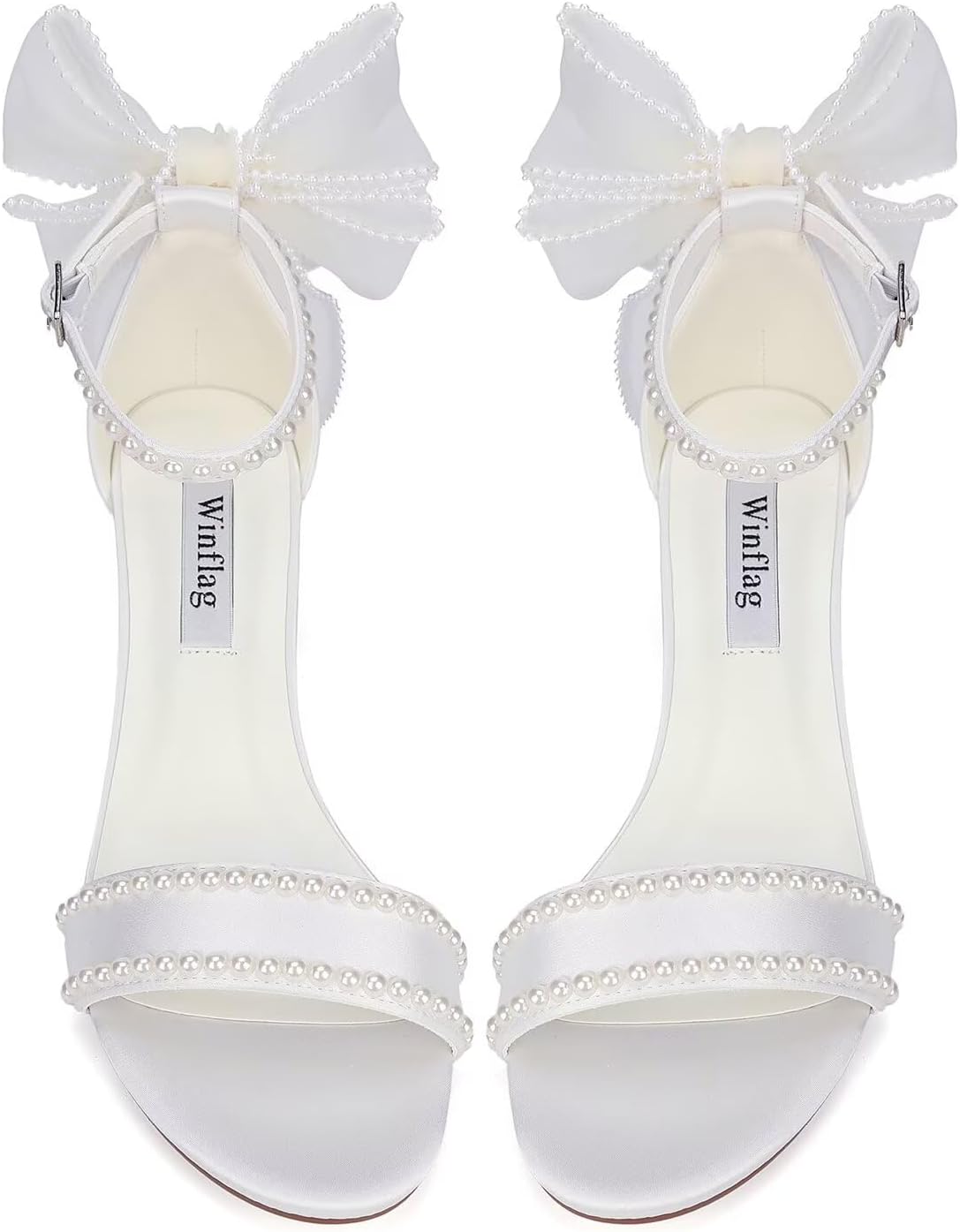 Bow Heels Pearl Wedding Shoes for Bride Low Block Heel Wedding Sandals Open Toe Bridal Shoes - Image 2