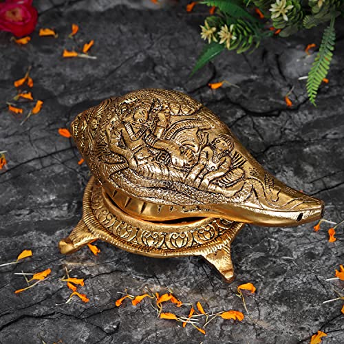 Image of Kalakriti Lord Vishnu Laxmiji and SheshNaag Carving Antique Brass Finish Gold Plated Shankh Showpiece with Stand| Conch for Temple| Vastu Decorative Items Sankh for Home |Religious Diwali Gift 1 pc