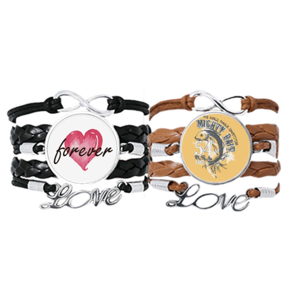 DIYthinker Line Drawing Fish Mighty Bait Pattern Bracelet Hand Strap Leather Rope Forever Love Wristband Double Set