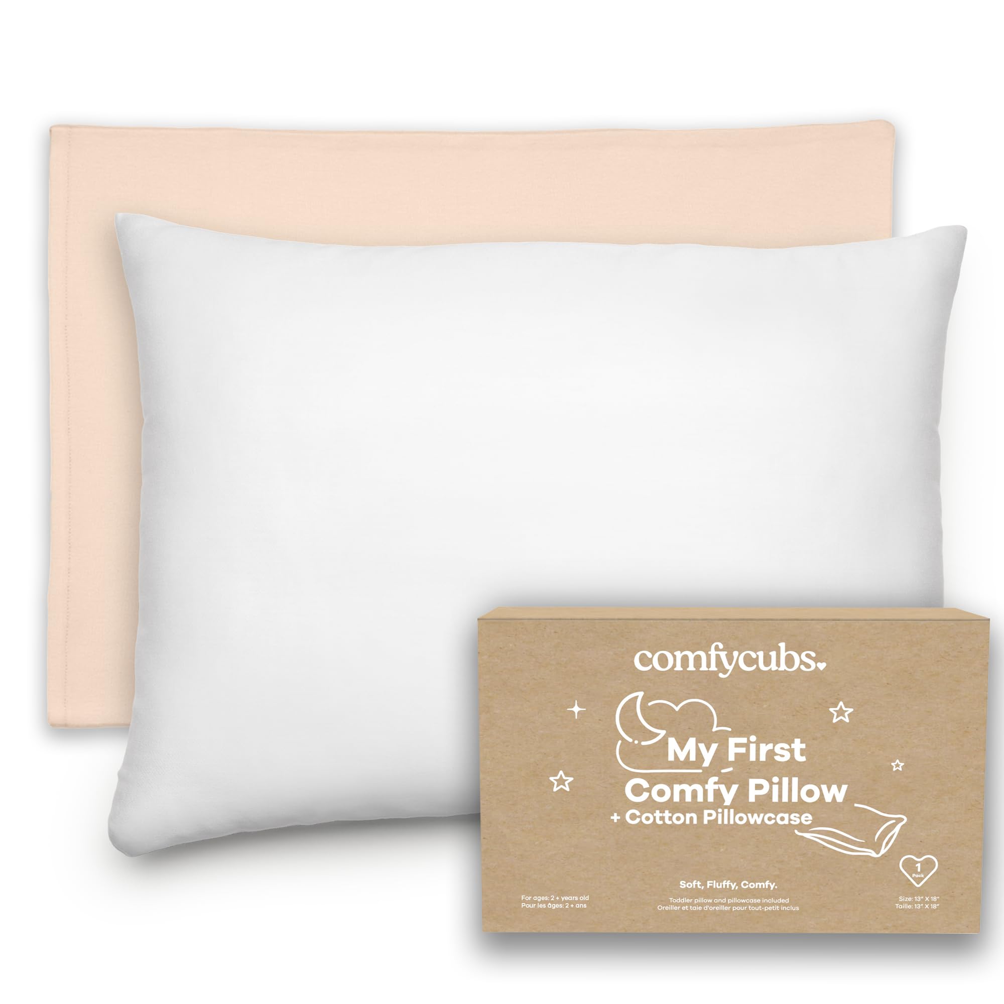 Comfy Cubs Toddler Pillow with Cotton Pillowcase, 13 x 18 in - Lightweight, Breathable Microfiber Fill for Sleeping and Travel - Soft and Cozy Small Pillow for Toddlers - Cream