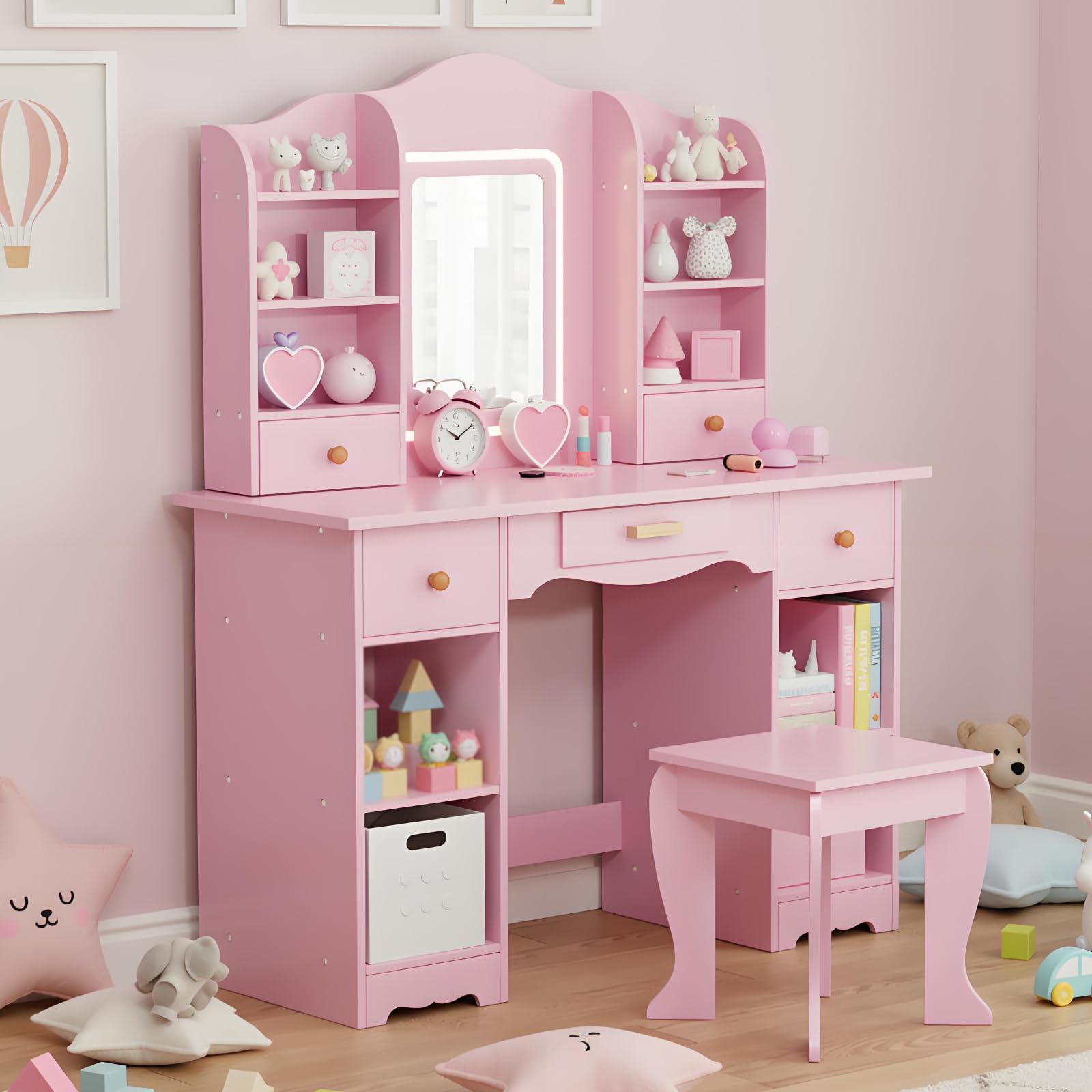 MAMIZO Coiffeuse pour Enfants avec Miroir LED, Coiffeuse pour Fille avec Tabouret, Table de Maquillage Fille avec 5 Tiroirs et 10 Compartiments de Rangement, 95x34x118cm, Bureau pour Enfant (Rose)