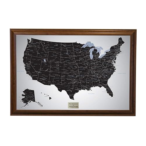Push Pin Travel Maps Black Ice USA personalizado con alfileres y marco marrón de 27.5 x 39.5 pulgadas, mapa de tus viajes a EE. UU