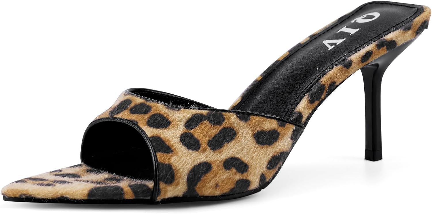 Leopard kitten heels with pointed toe and open toe mule