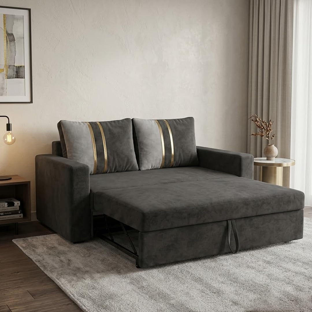 PLUSHMATE Sara 2 Seater Fabric Pull-Out Sofa Cum Bed Function | Luxury Velvet Suede Finish | Durable Comfort | Ideal for Living Room -Dark Grey