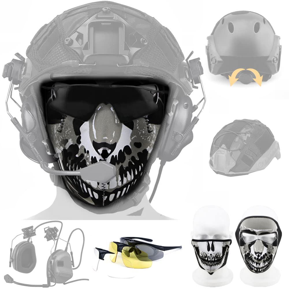 FANDAO Airsoft Tactical Set Helmet Three Lenses Goggles Mask with Pickup Sound Noise Cancelling Headphones Free Adjustment Easy Disassembly Suitable for CS BB Paintball Outdoor Game