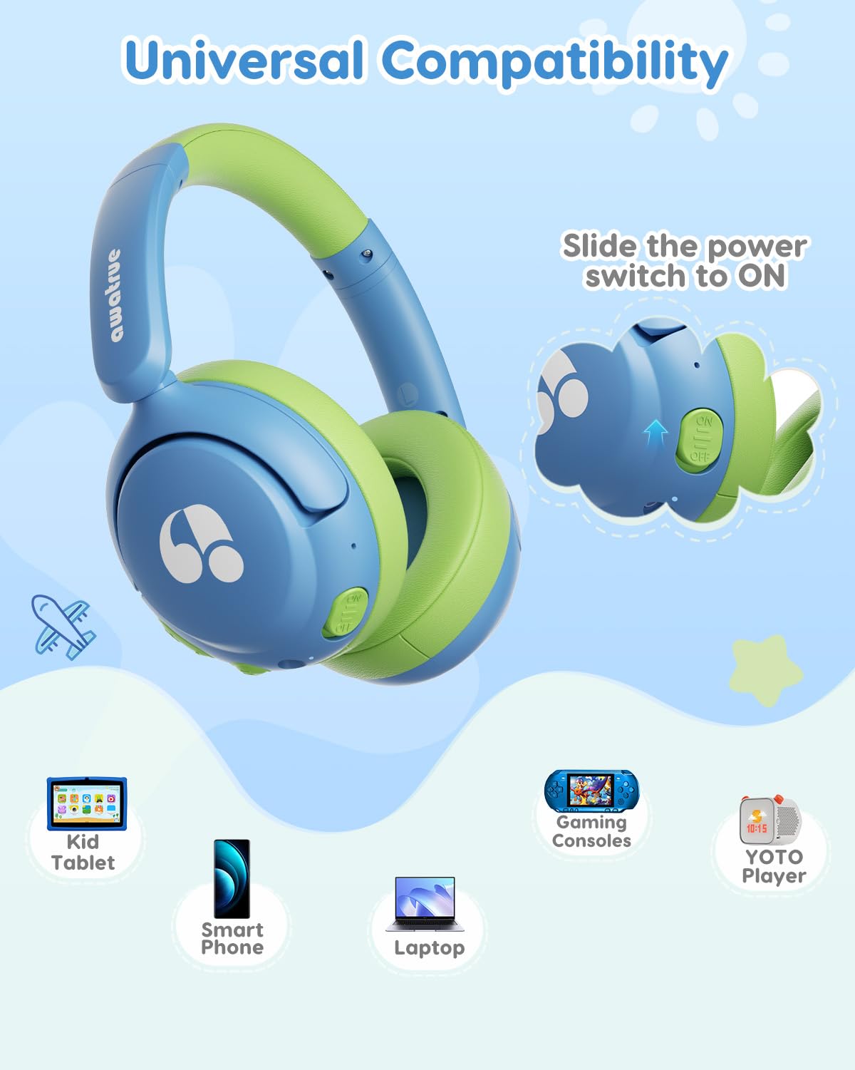 awatrue Cuffie Bluetooth per Bambini, Tasti Giganti & Microfono Integrato, Bluetooth 5.4 + Cavo AUX, Durata Della Batteria di 75 Ore, per l'uso a Scuola/in Viaggio (Bleu Vert)