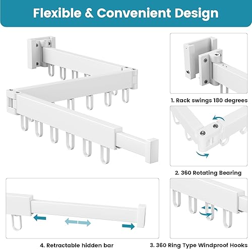 Miniatura 3 de Abiglifty Tendedero para ropa montado en la pared, plegable, retráctil y plegable con 18 ganchos para uso en interiores y exteriores en lavandería,