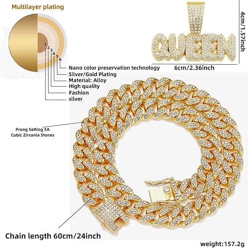 Miniatura 2 de 1 piece goldsilver Plated chain with Cuban Chain Pendant Necklace, full diamond Hip hop alphabet necklace (Gold Cuban Chain +QUEEN)