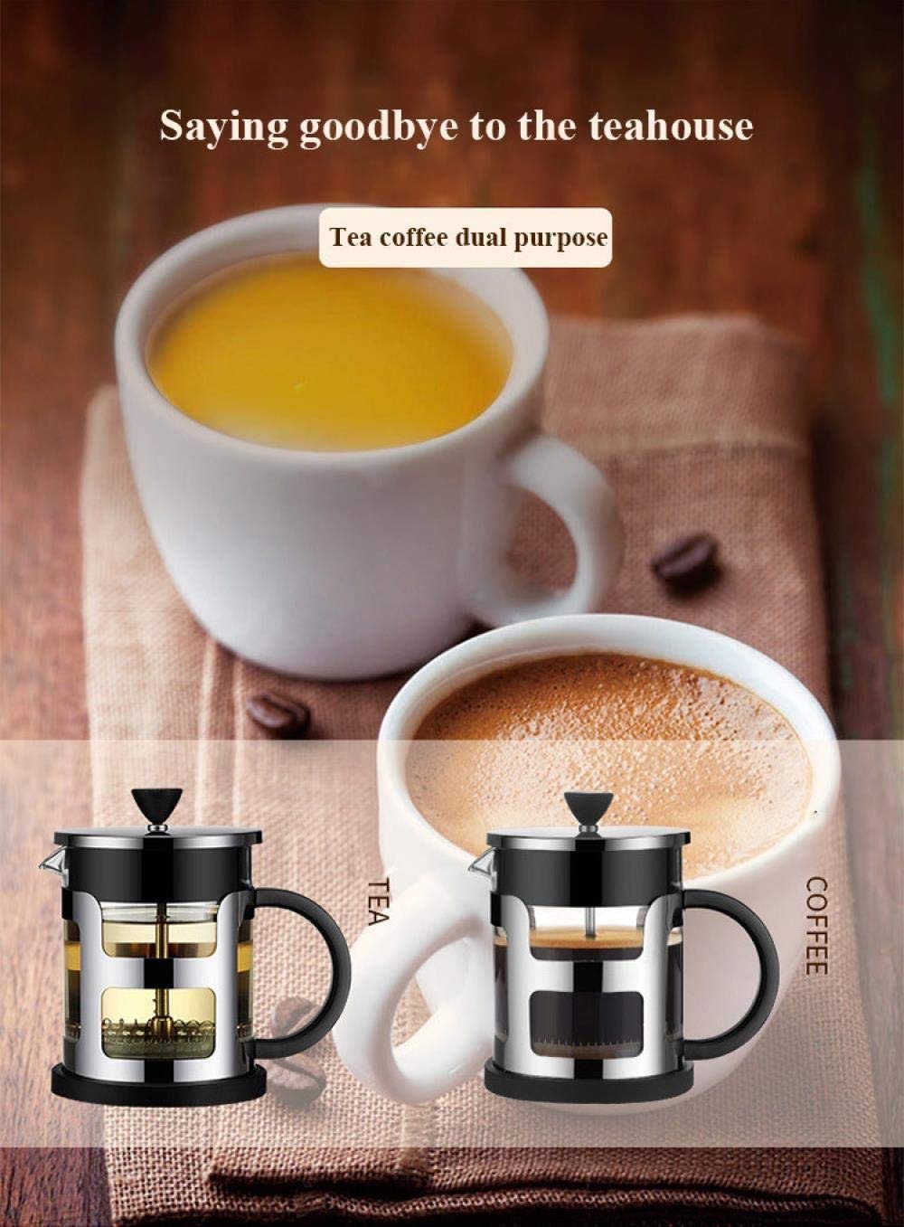 Pote de prensa francesa, conjunto de ollas de café de mano, equipo de vidrio para el hogar y equipo de café, filtración de 4 niveles, borosilicato resistente al calor Café de vidrio prensa ma
