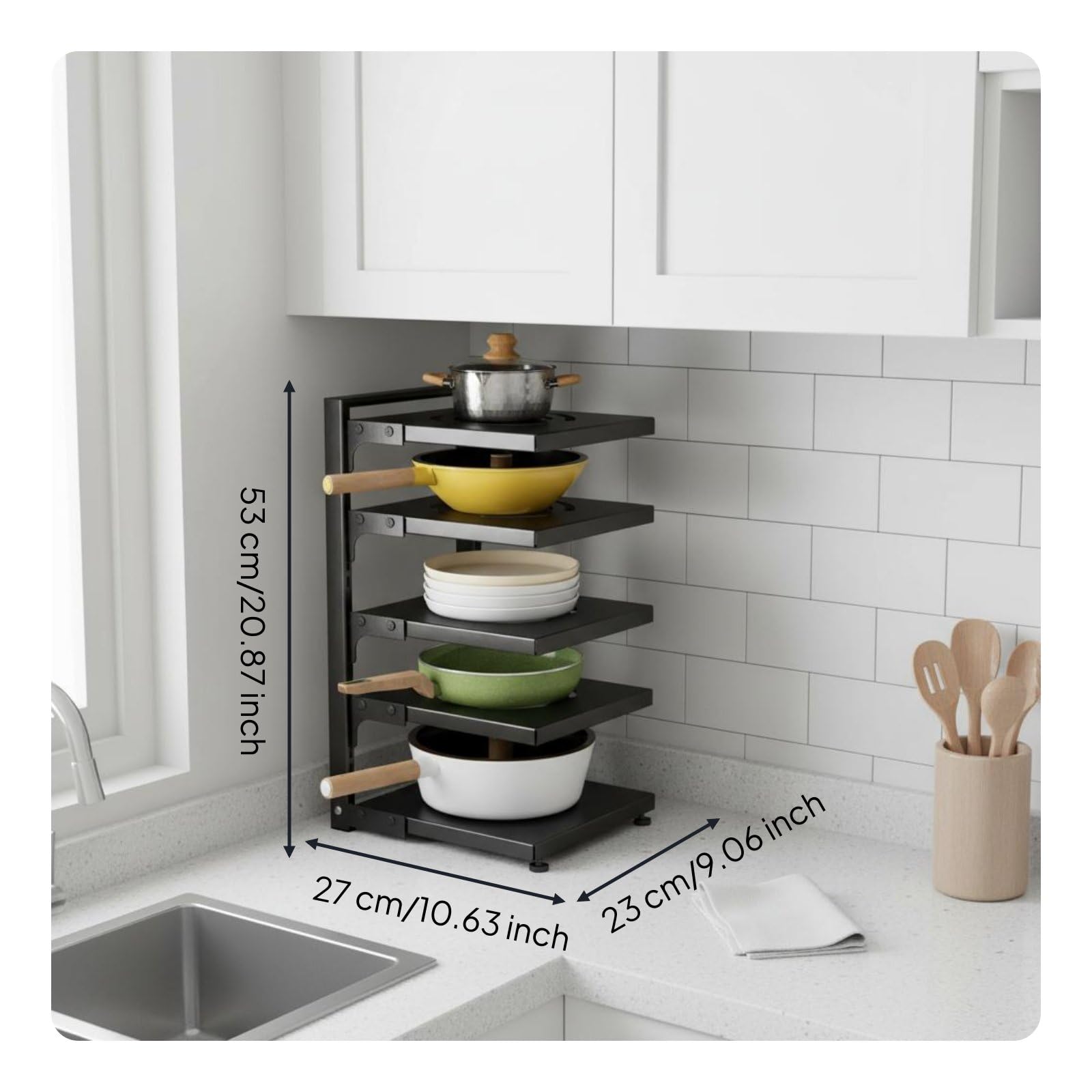Amagogo Mensola Portapentole E Padelle Scaffale Cucina Organizer Multistrato Regolabile Acciaio al Carbonio Antiruggine Facile da Pulire E Smontare Montaggio, Nero, 5 Strati