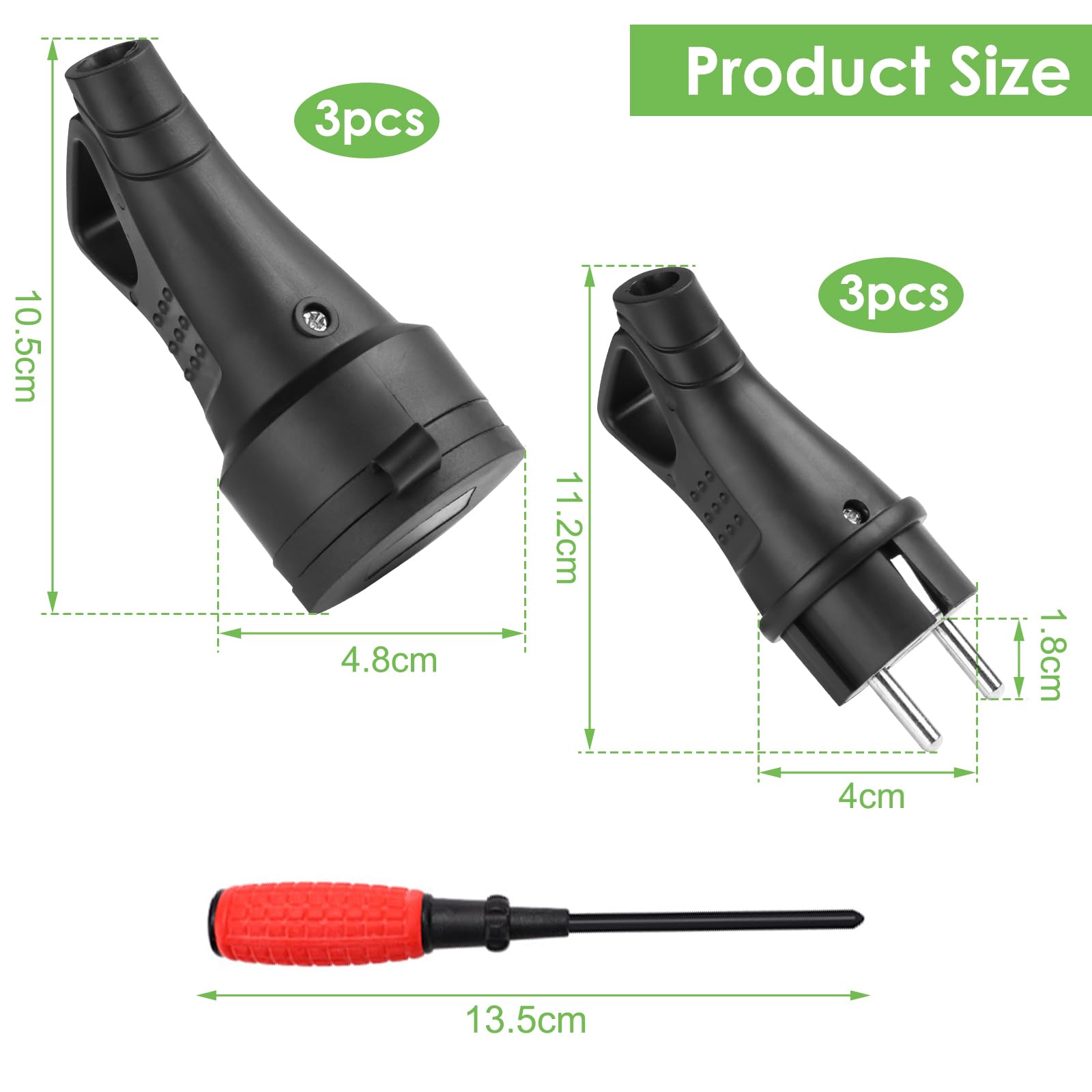 3 spine Schuko in gomma, set di spine di sicurezza in gomma con protezione antipiega per cavi da 0,5 a 3 cm², IP44, 250 V, 16 A, 4000 W