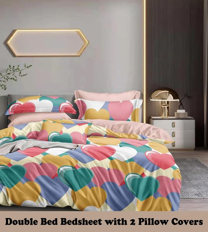 Image of Polycotton Double Bed Bedsheet, Flat Sheet with 2 Pillow Covers, Queen (90x100 inch), 300 TC, Green & Multi, Set of 3