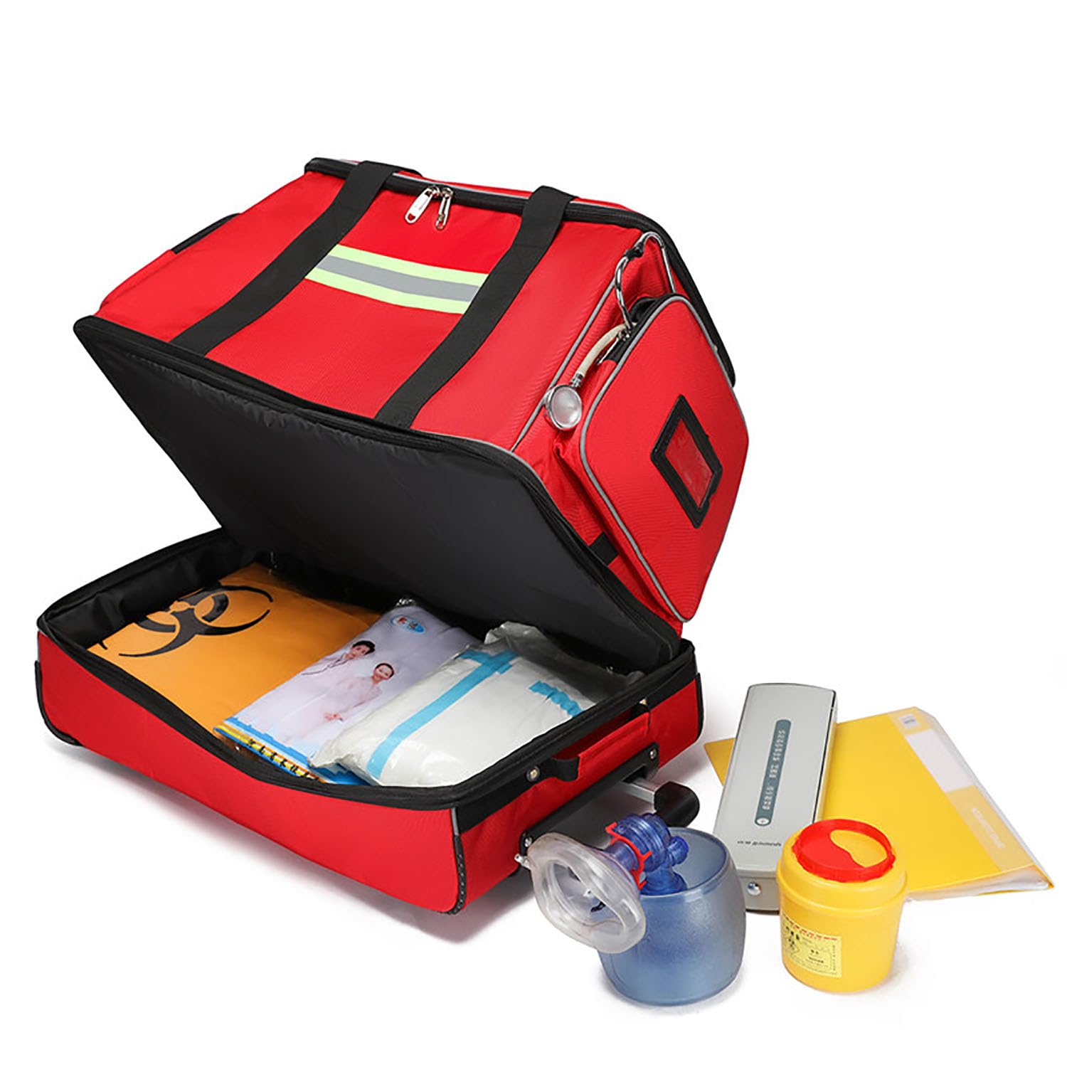 Bolsa médica con ruedas, bolsa de emergencia de primeros auxilios con tiras reflectantes, ruedas, barra telescópica y correa para el hombro para organizar equipo de rescate y senderismo, Orange, L