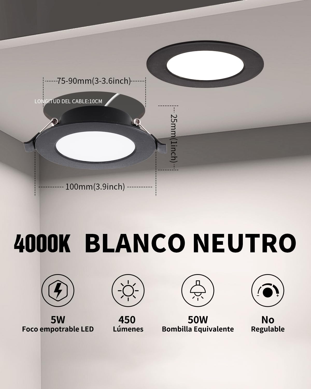 Foco LED Empotrable Negros 5W 450LM, Corte: φ75-90mm Ojos de Buey LED Para Techo 230V, Profundidad 25mm, Downlight led Techo 4000K Blanco Natural para Baño, Juego de 10