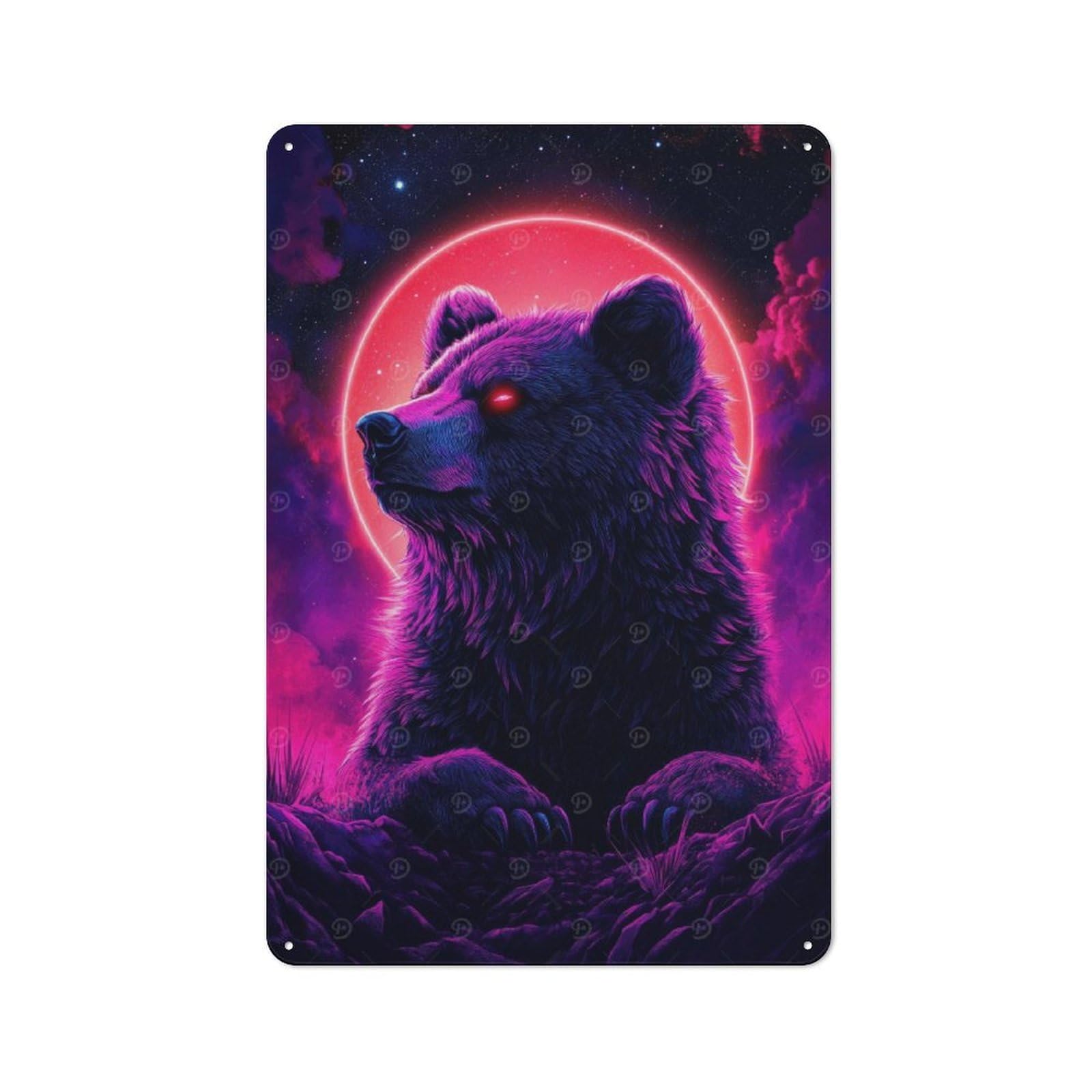 Junmoney Style-5 Workshop Style Neon Bear Under Red Moon Tin Sign 30X20cm, Garage Wall Decor For Tool Room, Garage, Studio Or Home Bar