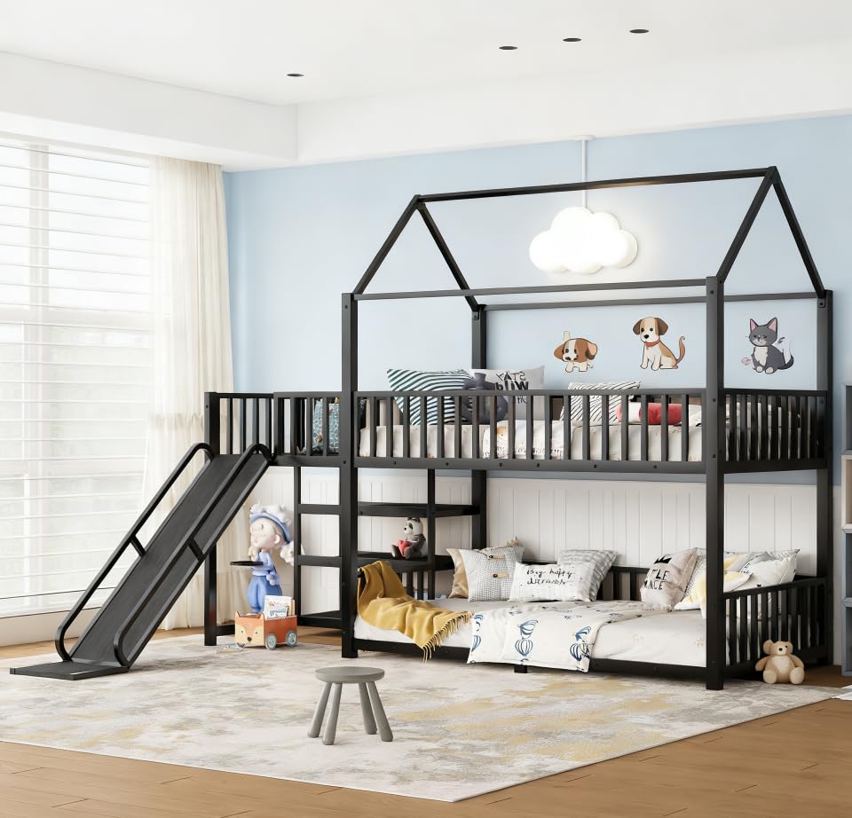 Image of Bellemave Metal Bunk beds Twin Over Twin with Slide and Storage Stairs, House Floor bunk Bed with guardrail for Kids,Black